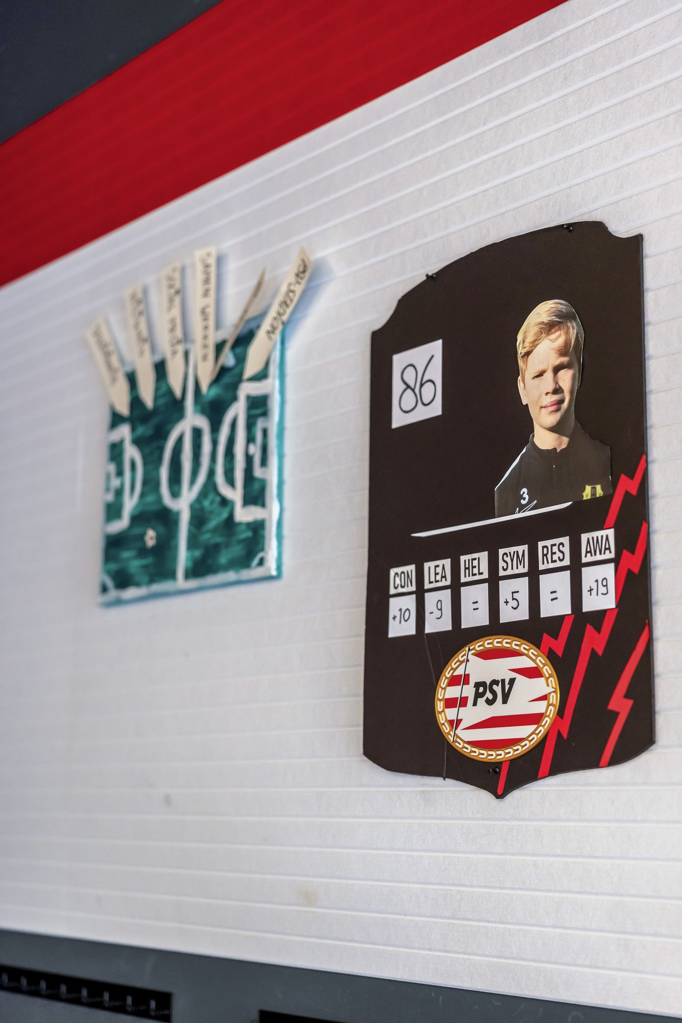 Zelfgemaakte spelerskaart aan de muur